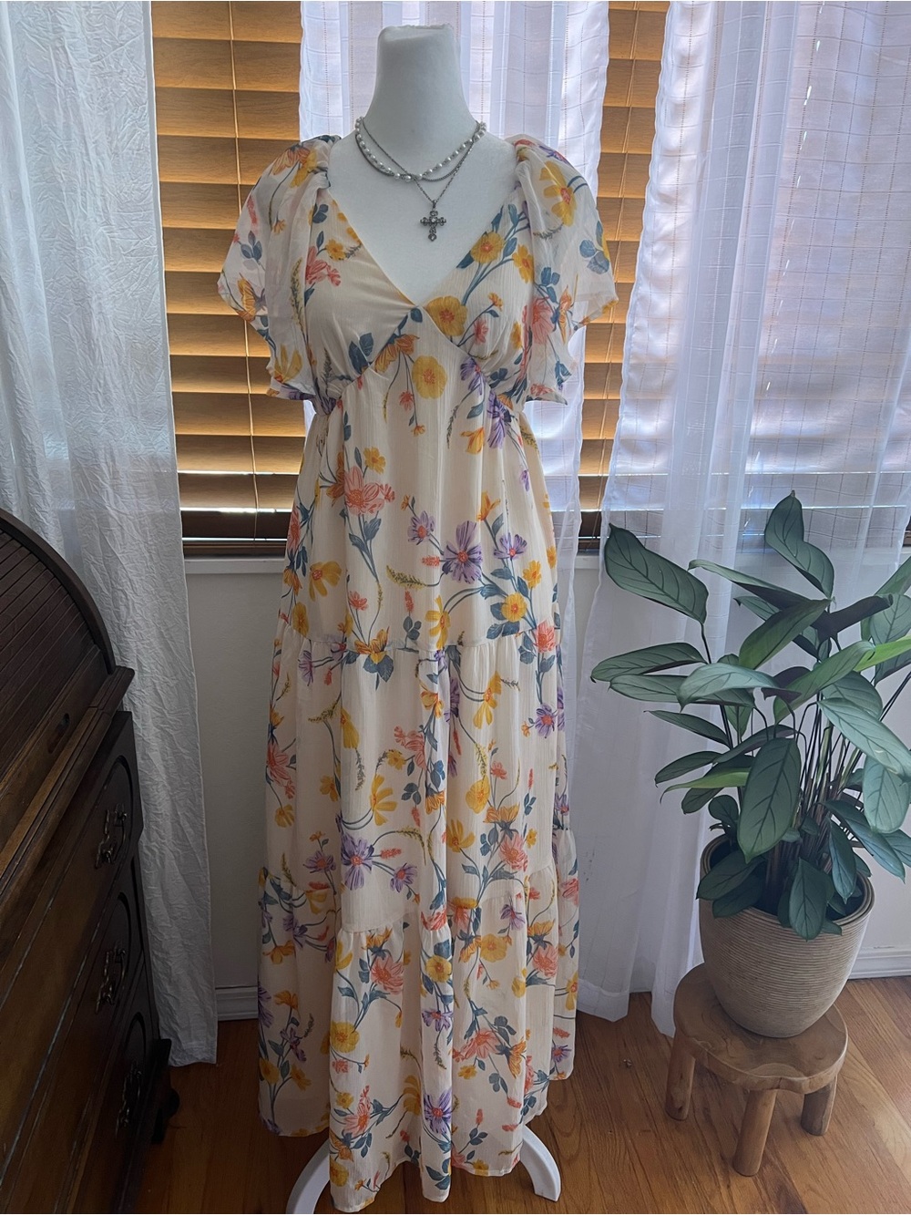 Patrons of Peace Cream Floral Maxi Dress with Yellow, Blue & Pink Blossoms